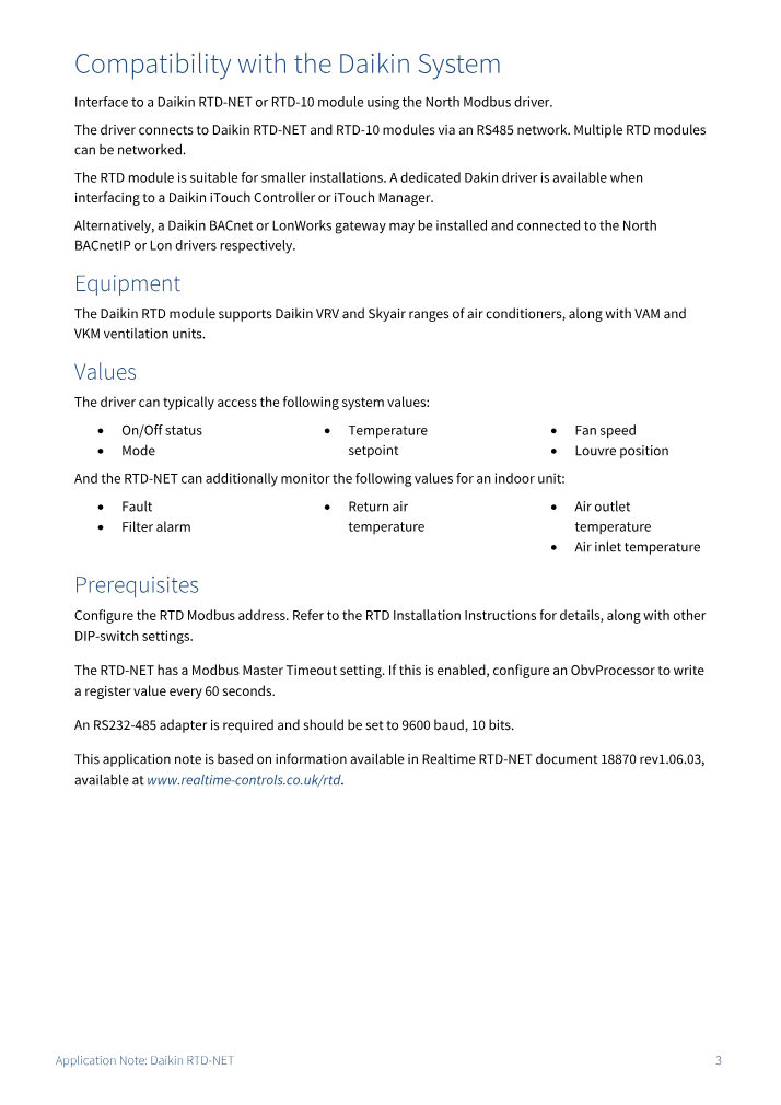 Preview thumbnail of page 3 of the Daikin RTD-NET Application Note PDF document.